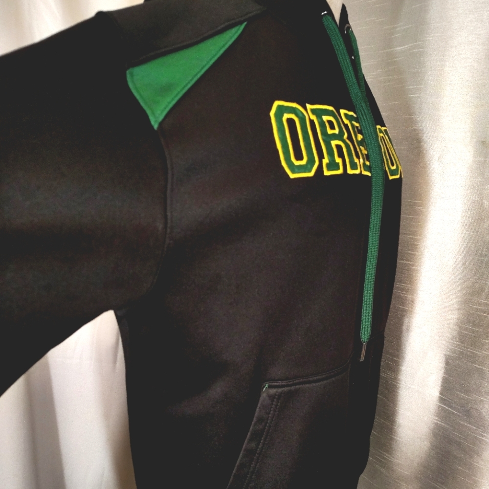 Oregon University Hoodie, C/D Men , Black+Green Satin+Yellow  Logo, Pckts,M - Picture 9 of 11